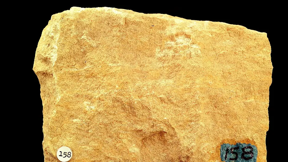 Bloco de calcário dolomítico amarelado, com a superfície rugosa vista de perto