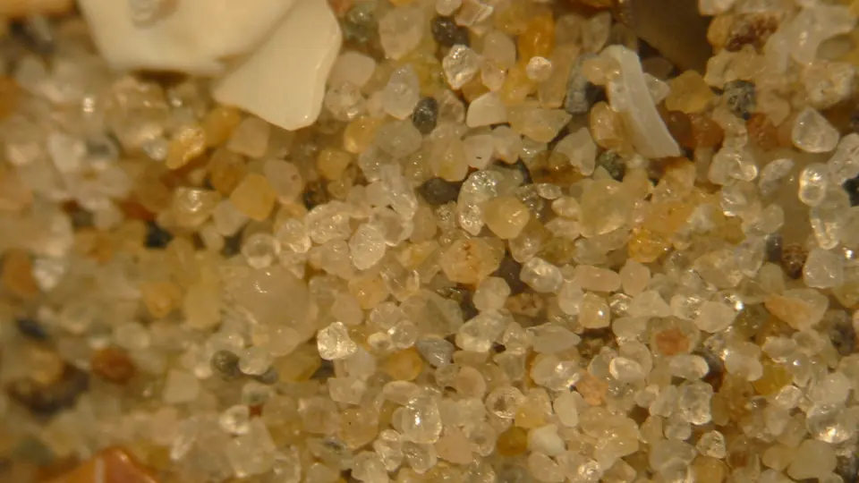 Graos de areia claros de tamanhos diferentes vistos bem de perto